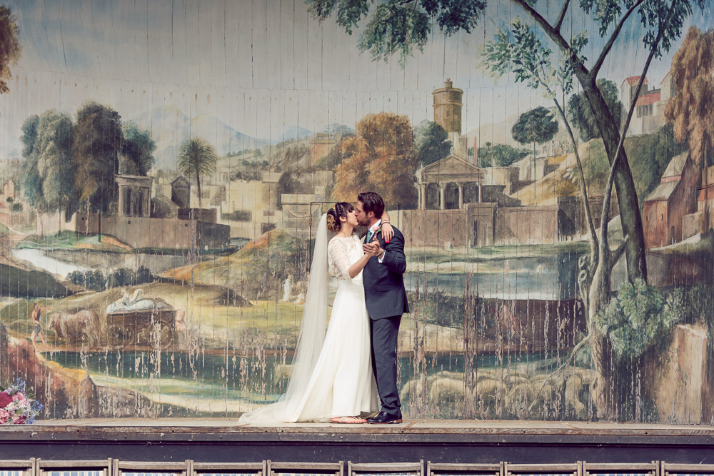 Larmer Tree Gardens stage with bride and groom