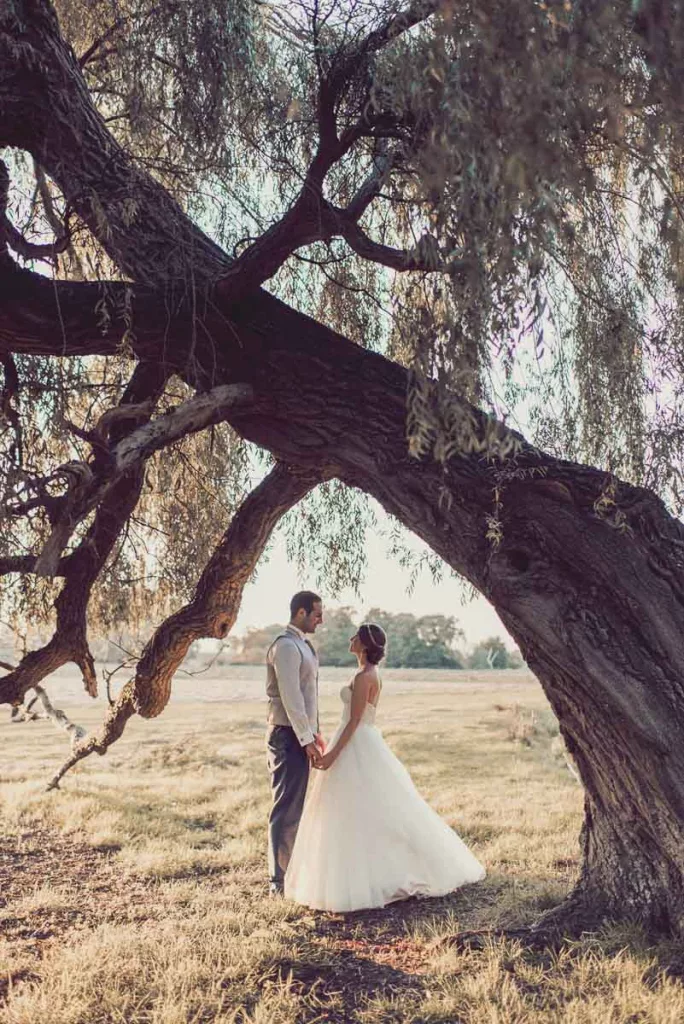 Bride & Groom under a tree in a beautiful location at Sopley Mill 
