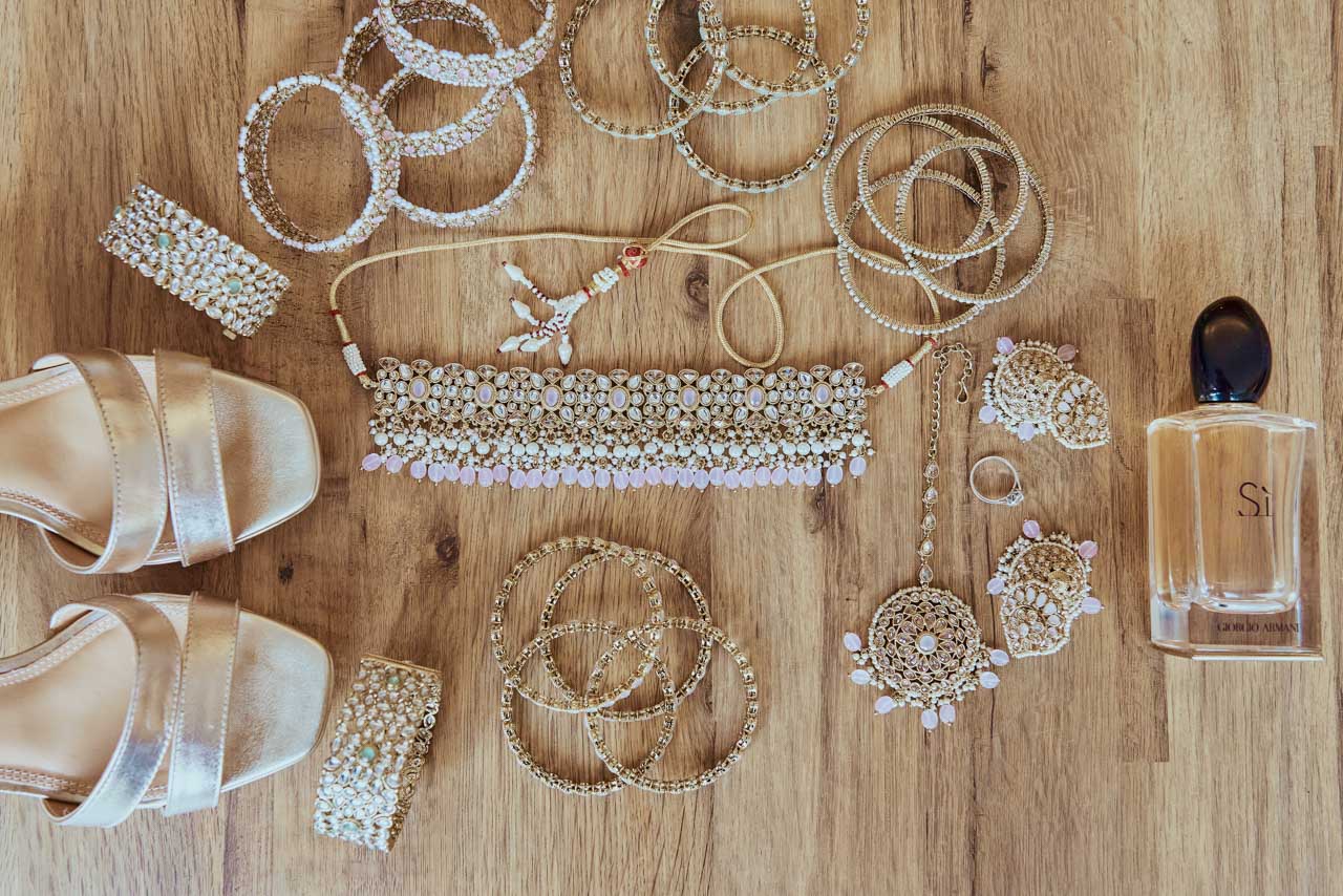 Brides Jewellery during Bridal Prep, at an Indian Fusion Wedding at Highcliffe Castle in Dorset