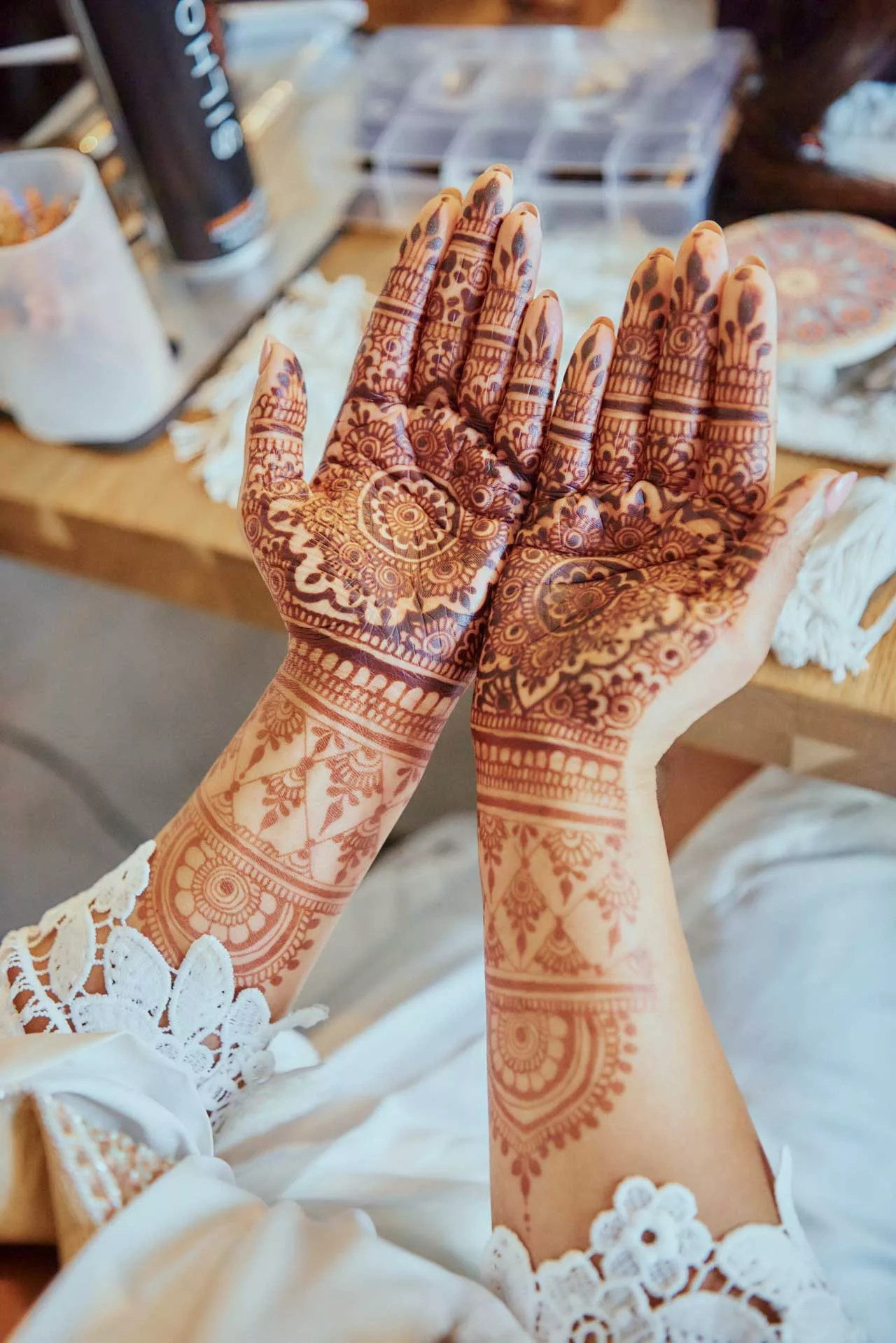 Mehndi Henna during Bridal Prep, at an Indian Fusion Wedding at Highcliffe Castle in Dorset