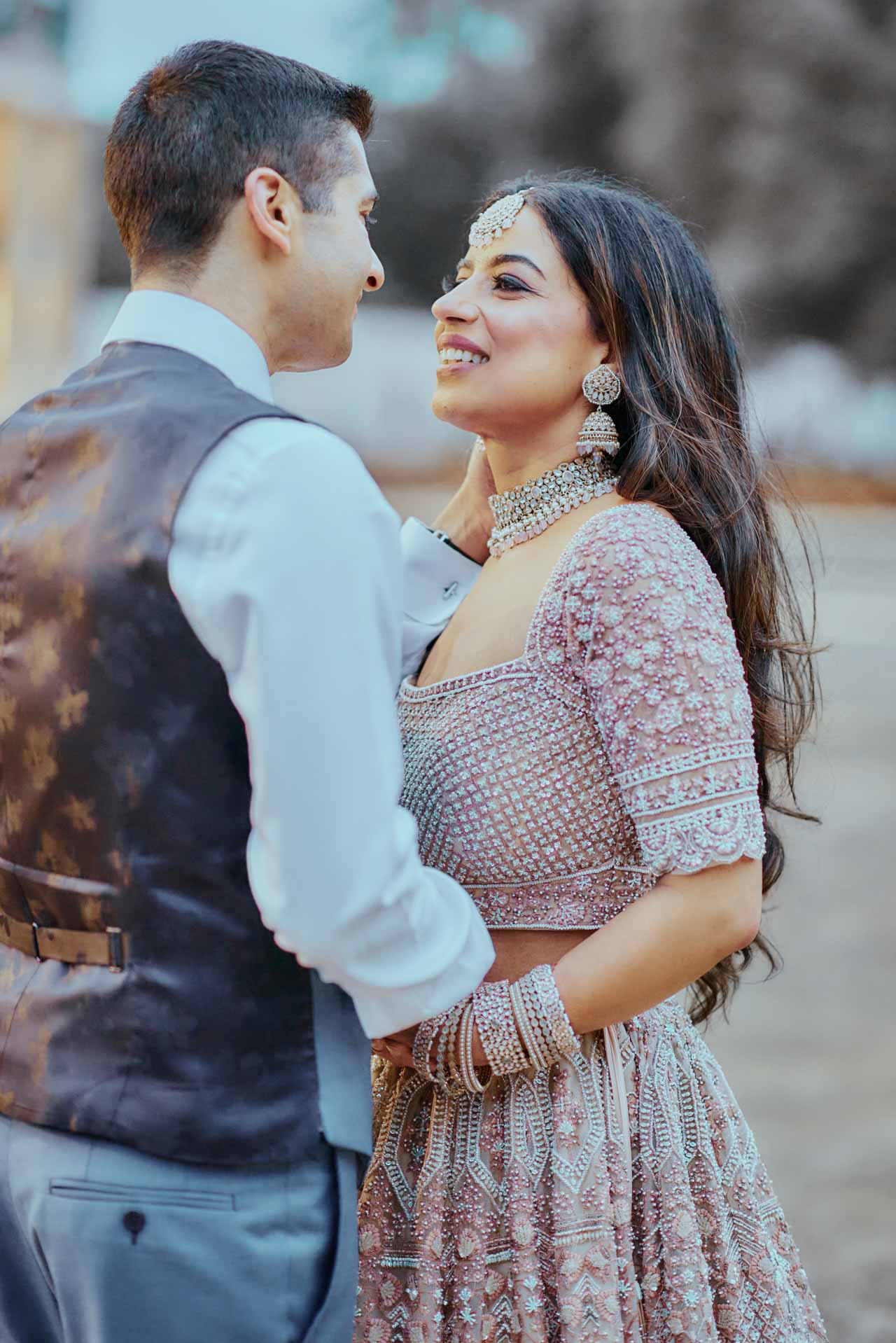 Bride & Groom in the grounds of Highcliffe Castle in Dorset during an  Indian Fusion Wedding.