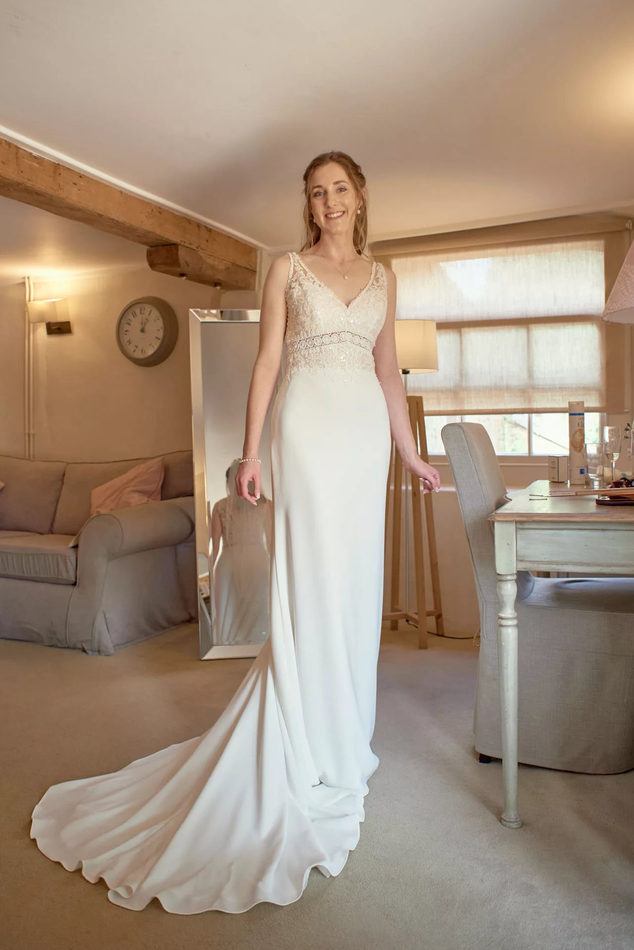 Natural portrait of Bride during her bridal preparations in the Avon Suite at Sopley Mill