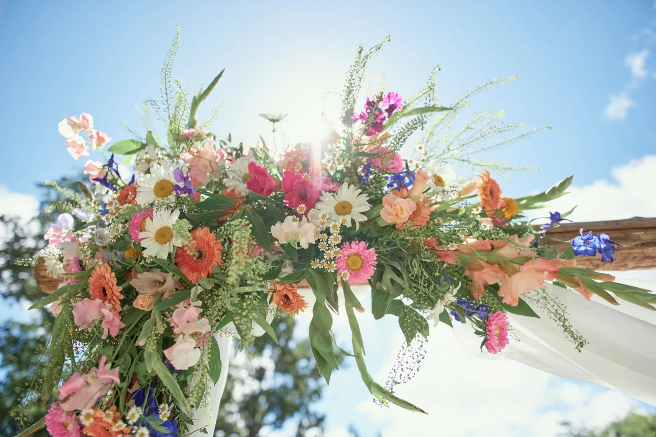 Examples of the over head beautiful flower armaments for the outdoor wedding ceremony at Sopley Mill 